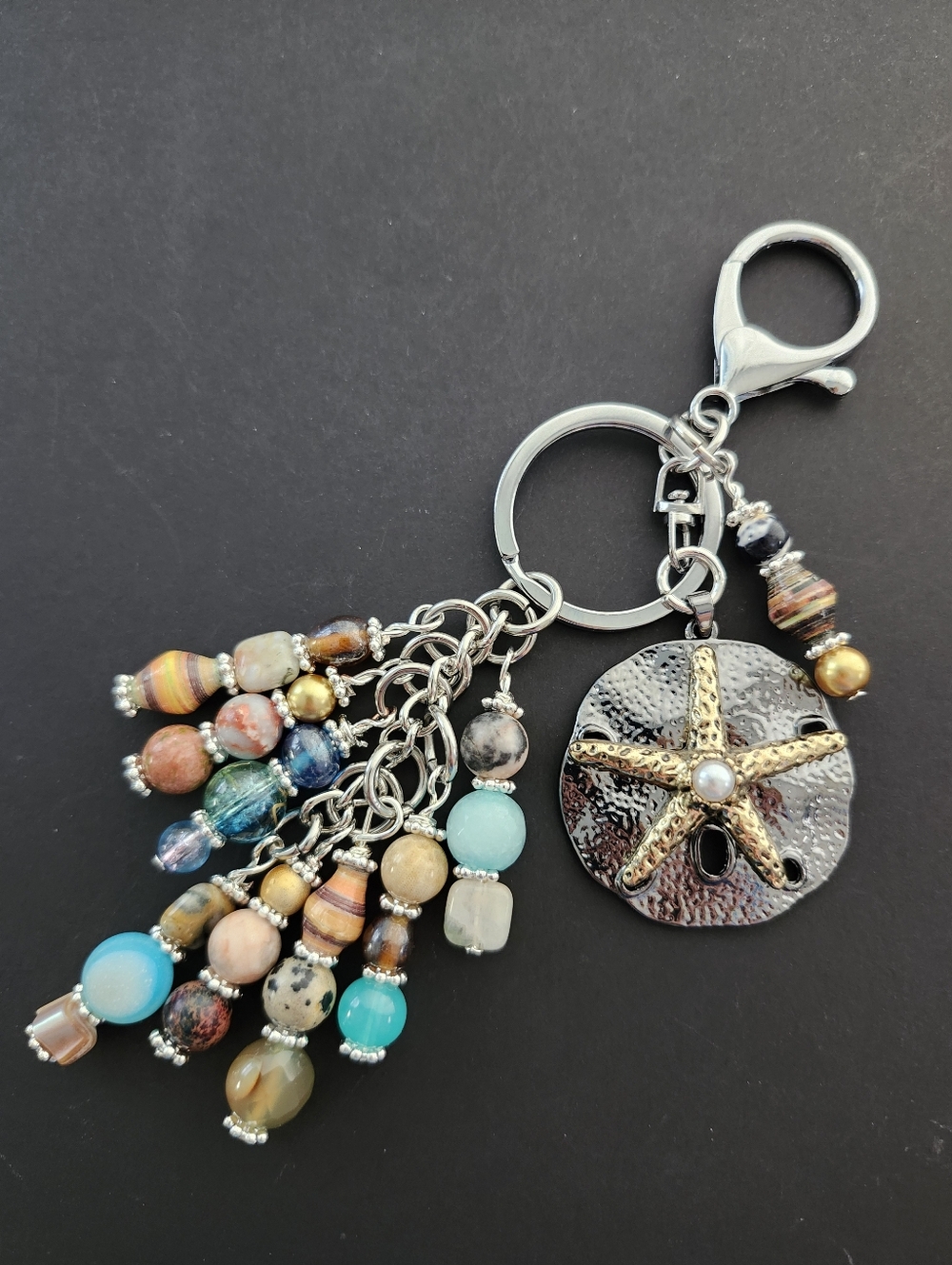 Coastal Sand Dollar Purse Charm or Keychain Paper Beads Jasper Handcrafted
